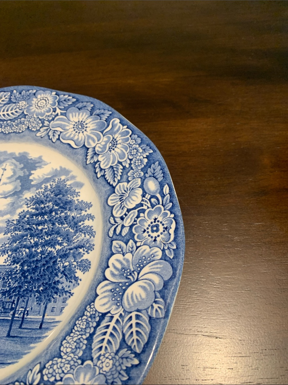 Blue Transferware Dinner Plate with Scenic Center and Floral Border - Picture 7 of 9